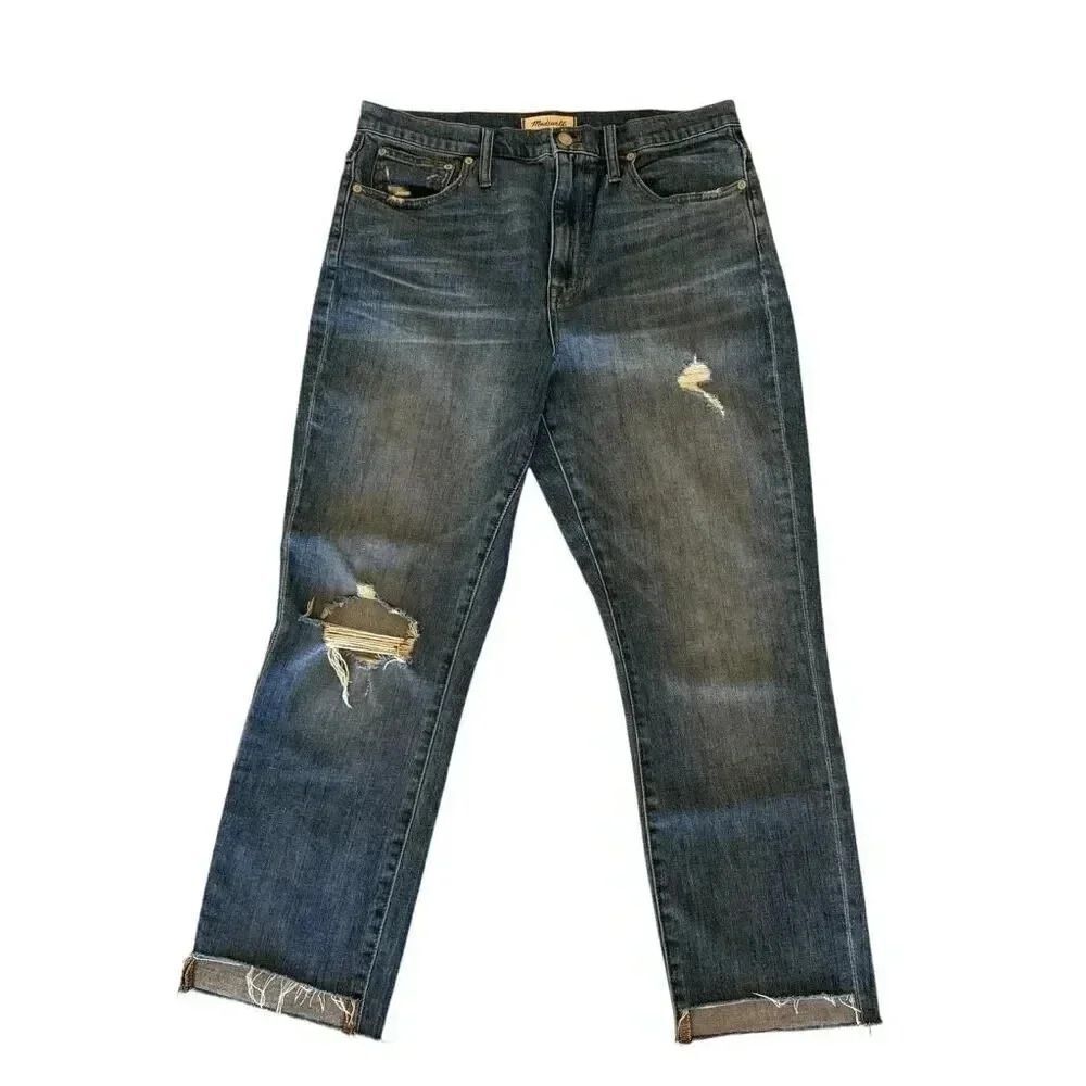 Madewell Distressed Raw Hem The High Rise Slim Boyfriend Straight Leg Cropped Je